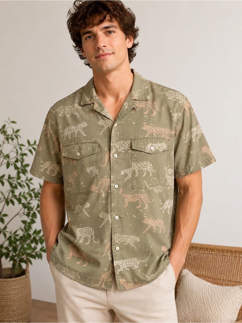 American Eagle Outfitters Mens Large Olive Leopard Cheetah Camp Shirt